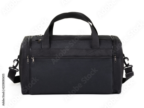 Black textile travel duffel bag with handles and shoulder strap isolated on white background, front view, product photography