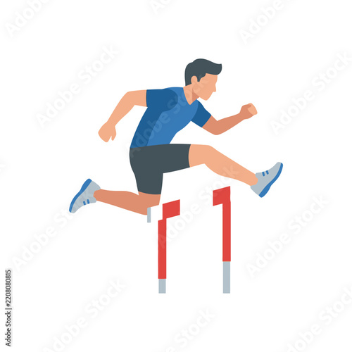 Flat vector illustration of a male athlete jumping over a red hurdle in a track and field competition