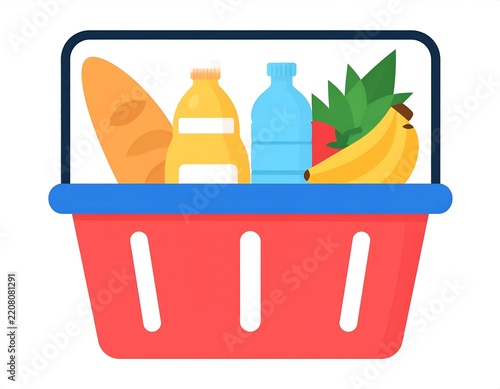 Red shopping basket filled with grocery icons