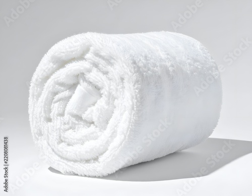Rolled white fluffy spa towel on white surface