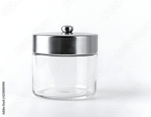 Round glass storage jar with metallic lid.