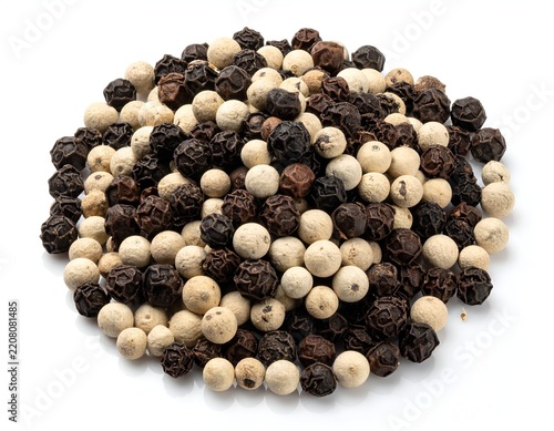 Round pile of black and white peppercorns.