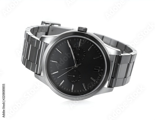 Silver metal wristwatch angled on white background