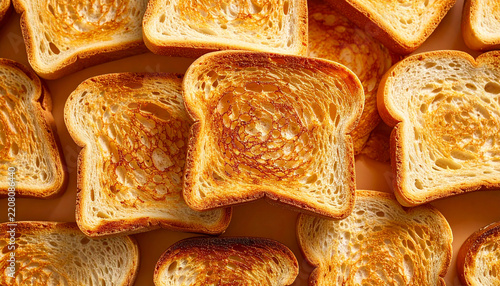 Slices of toasted bread, rich golden-brown surfaces, crispy crusts, appetizing food, culinary and cooking concept. Close-up.