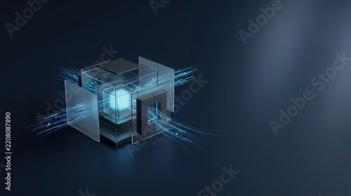 Cube structure glows with digital light beams against a dark and empty background.