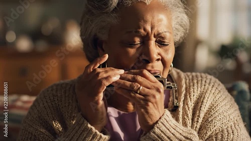Elderly African American Woman Playing Harmonica at Home