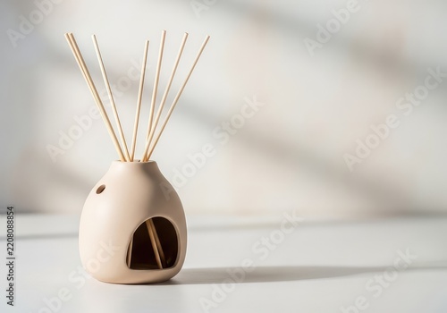 A minimalist beige ceramic oil diffuser with light wooden reed sticks placed on a smooth surface for a peaceful home decor atmosphere, decorative, fragrance, diffuser