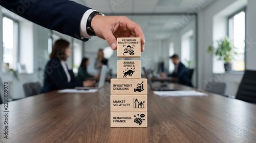 Businessman building a tower of wooden blocks with behavioral finance and economic theory concepts printed on them