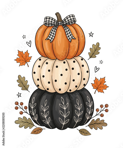 Autumn pumpkins with plaid bow and fall leaves for seasonal decor