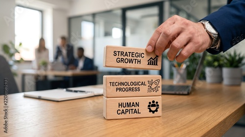 Businessman hand placing a wooden block with strategic growth text on a stack of business concepts