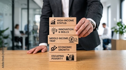 Businessman stacking wooden blocks representing economic growth and development stages in office