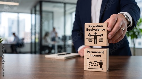 Businessman stacking wooden blocks showing economic concepts of Ricardian equivalence and permanent income on a desk