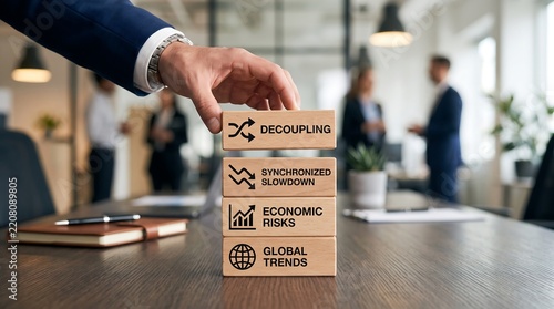 Businessman stacking wooden blocks with economic concepts of decoupling and global trends