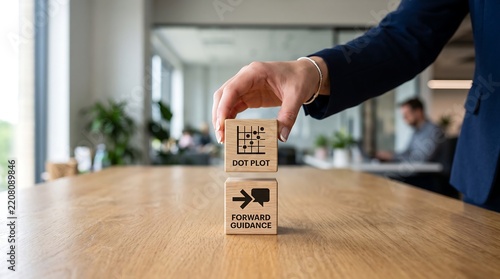 Professional hand stacking wooden blocks with dot plot and forward guidance business concepts on a wooden desk