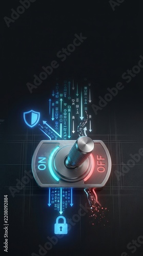 Toggle switch activates a digital security system with glowing blue light effects.