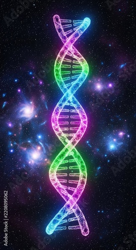 Vibrant neon DNA double helix glowing with electric colors against a deep space cosmic background filled with stars and glowing particles, space, laboratory, glitter