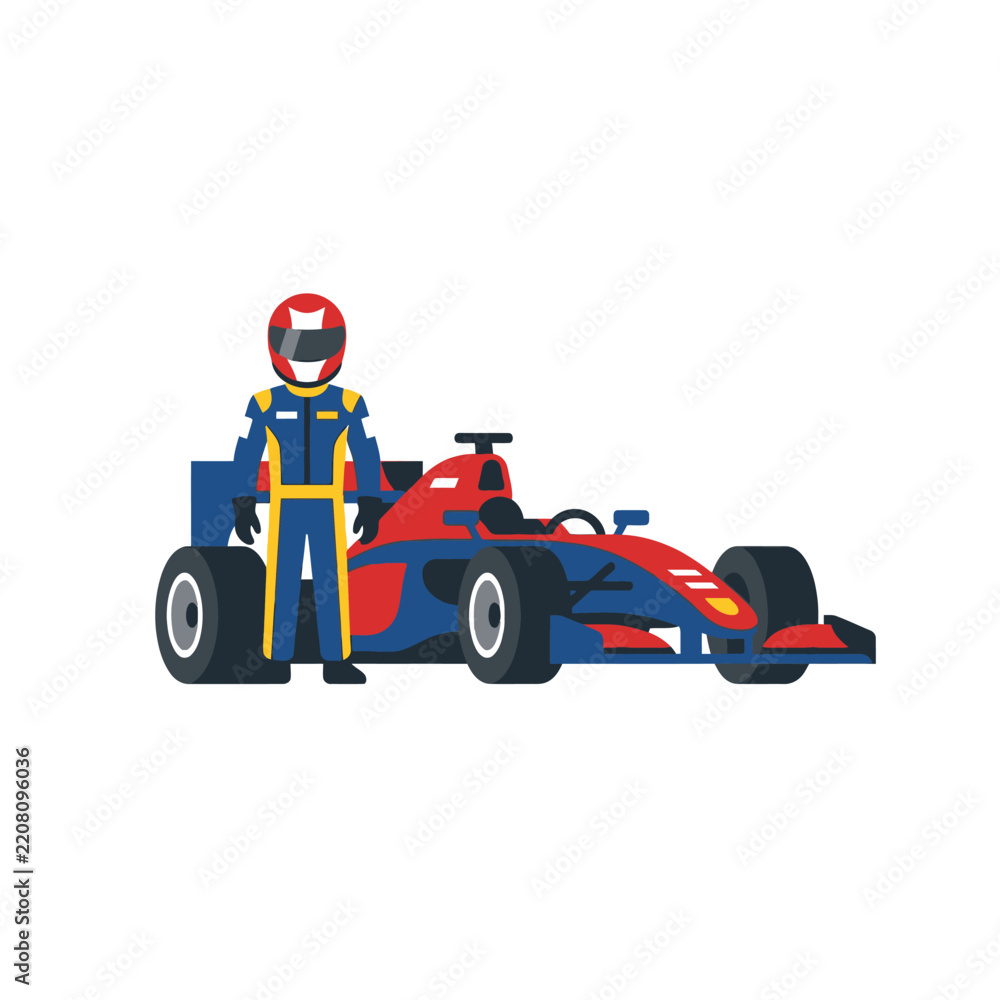 Obraz premium Formula 1 Racing Driver Standing Next to Red and Blue Racing Car Vector Illustration