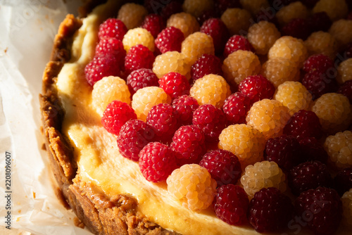 Homemade sweet raspberry cheesecake pie