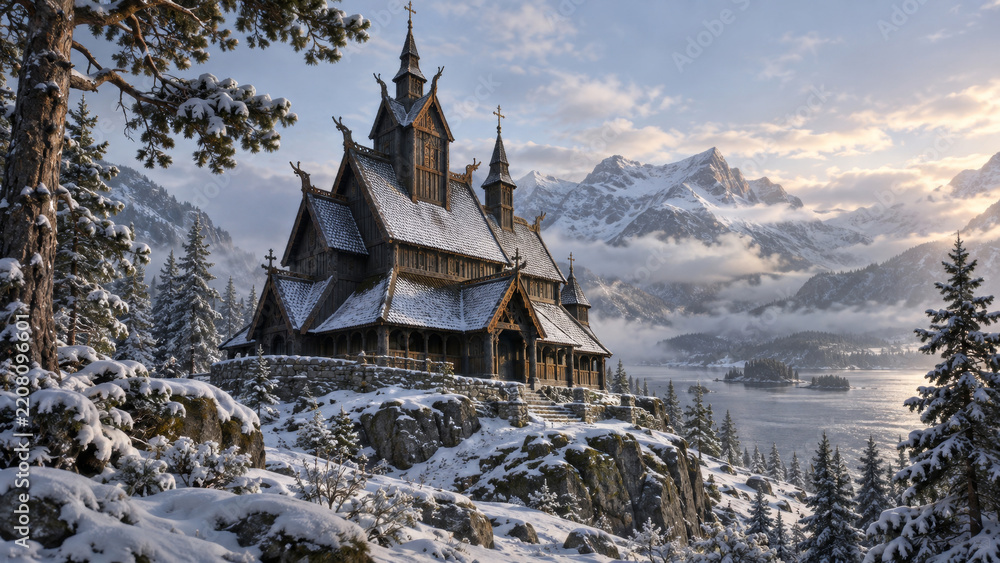 Obraz premium Cinematic view: Scandinavian medieval stave church of black weathered timber among pines after fresh snow, cool morning light; Nordic architecture, Scandinavian heritage and 3D rendering