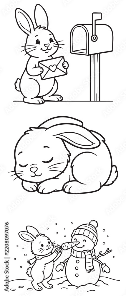 Fototapeta premium Cute Bunny Line Art Set with Mailbox, Sleeping Rabbit, and Snowman for Coloring Page