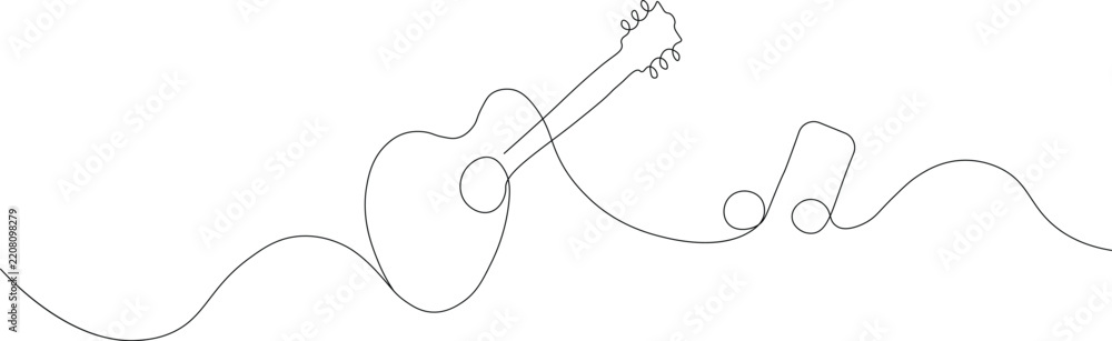 Obraz premium One line drawing acoustic guitar and music notes, vector. Simple linear musical concept for logo, icon, and decoration.
