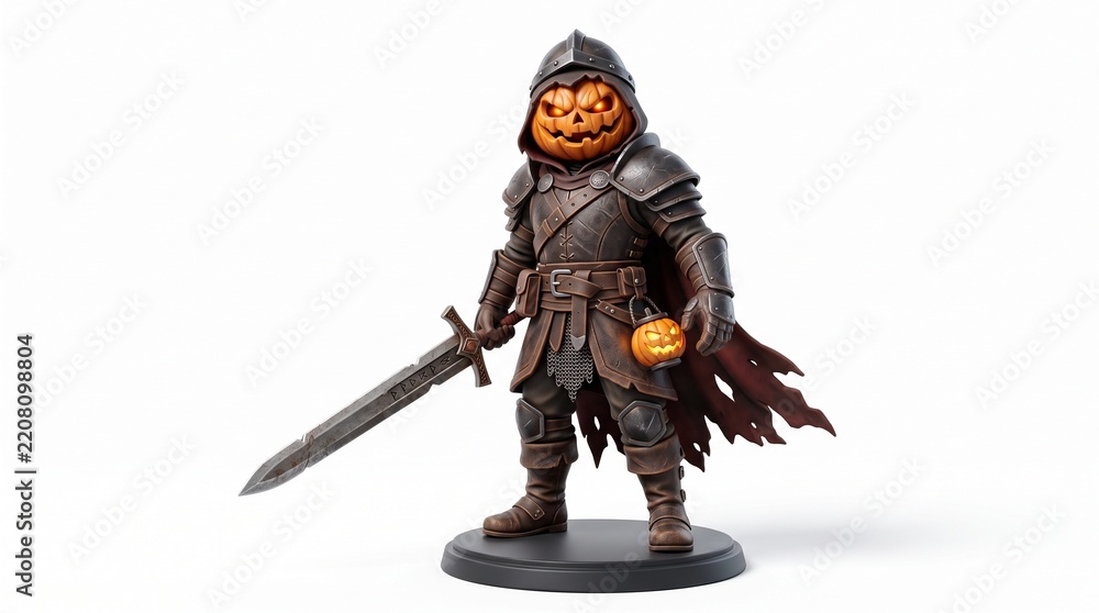 Obraz premium Fantasy Warrior Knight Miniature with Jack O Lantern Head Holding Sword