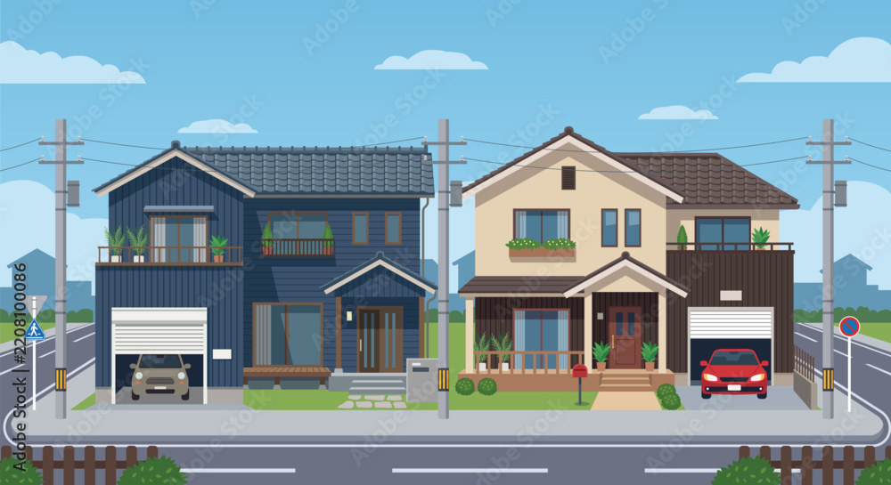 Obraz premium modern Japanese suburban street two suburban two story residential houses with garages, cars parked inside, utility poles with power lines