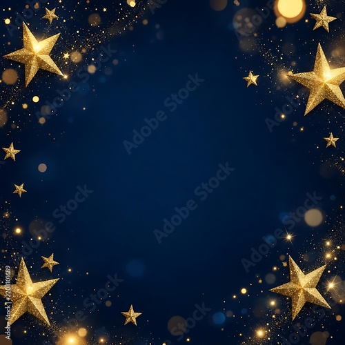 Golden glitter stars and bokeh lights create festive holiday background for Christmas marketing materials