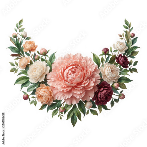 Elegant floral wreath with roses and greenery isolated on white background isolated on transparent background, illustration