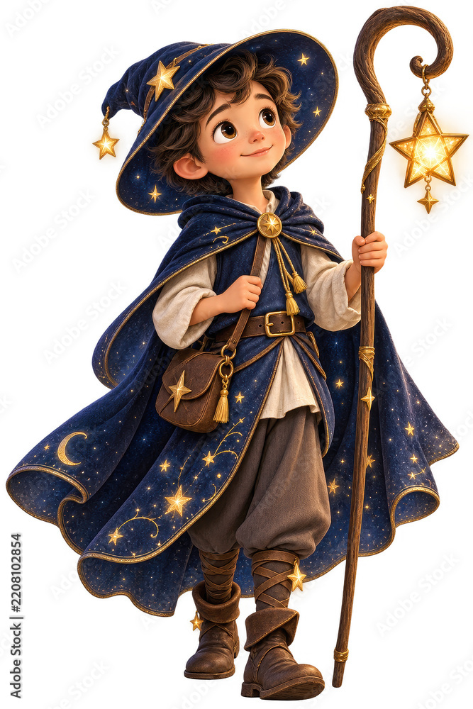 Obraz premium Cute Stargazer Boy In Navy Blue Cloak Holding Star Lantern Clipart