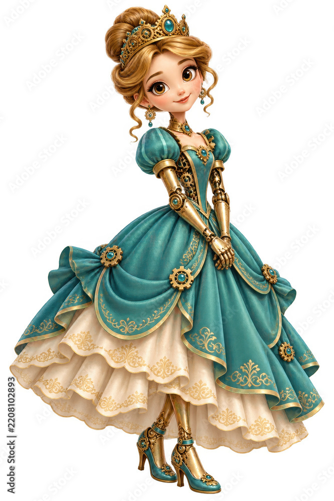 Obraz premium Elegant Royal Princess In Teal Turquoise Embroidered Gown Clipart
