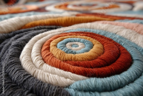 Close-up of a colorful handmade coiled rug with concentric circles pattern