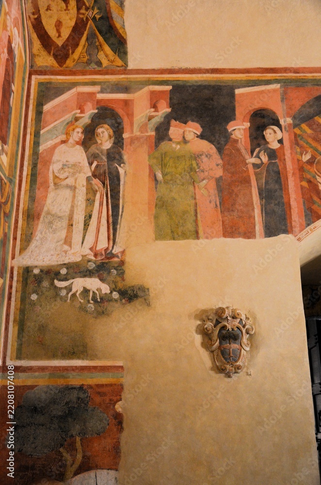 Obraz premium San Gimignano, Italy 03.04.2020: The bride led to the groom's house, fresco in the Chamber of the Podestà