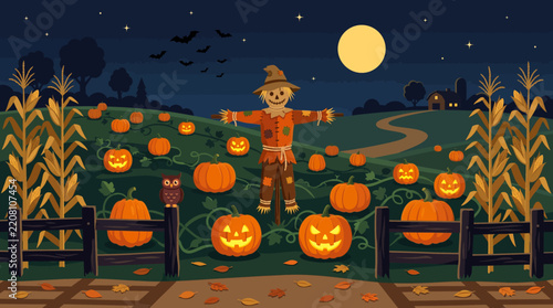 Halloween Pumpkin Patch Autumn Night Scene Flat Vector Illustration