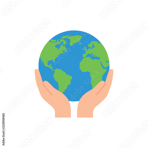 Human hands holding planet earth globe icon, flat vector graphic isolated on white background