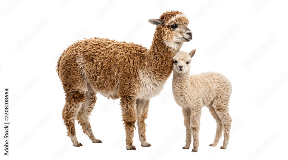 Obraz premium Brown and white alpacas, adult and baby, side by side on transparent background png.