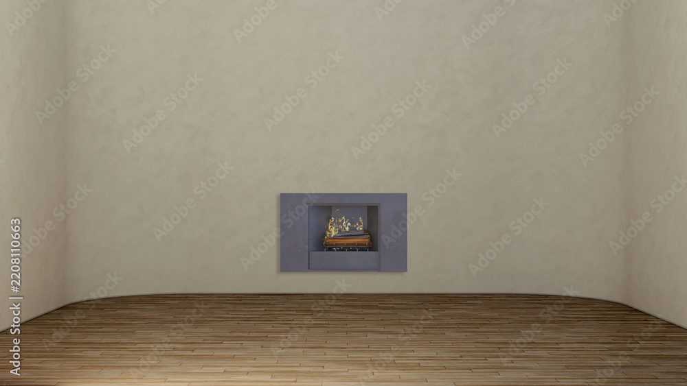 Fototapeta premium Modern bright living room lounge interior with fire place 3D rendering illustration