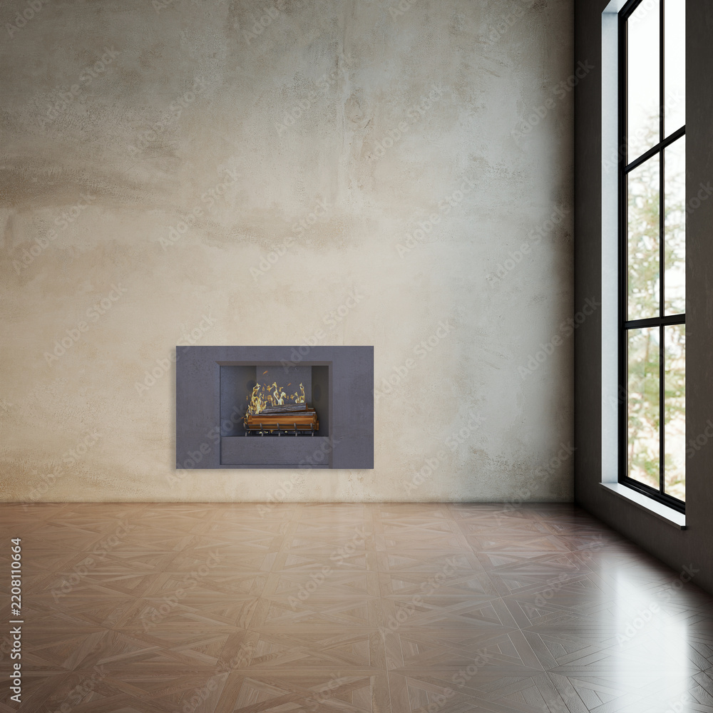 Obraz premium Modern bright living room lounge interior with fire place 3D rendering illustration