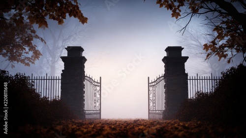 A misty scene features a grand gate framed by trees and fallen leaves, evoking mystery