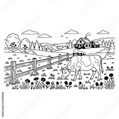 Cow grazing in a rustic farm field with wooden fence and house