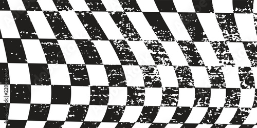 Curved checkerboard pattern with a distorted perspective effect. Black and white checkered optical illusion background texture