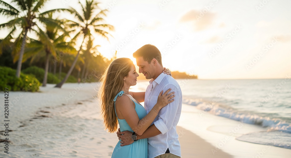 Fototapeta premium A loving couple embraces on a tropical beach at sunset, symbolizing romance, vacation, and serene connection