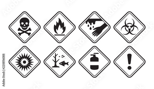 Safety warning sign collection with diamond frames for identifying chemical hazards and environmental risks.