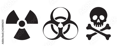 Hazardous materials warning symbols set featuring black radioactive biohazard and toxic skull designs isolated.