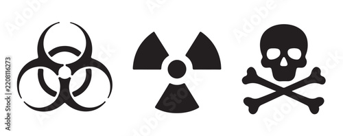 Danger labels featuring biohazard radioactive and toxic skull icons for hazardous material safety signs.