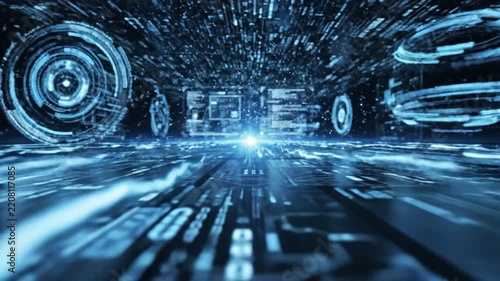 Futuristic Digital Cyberspace Tunnel with Streaming Data and Circuitry Elements