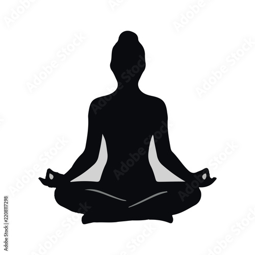 Woman in Yoga Lotus Pose Silhouette, Female Meditation Mindfulness and Wellness Vector Illustration