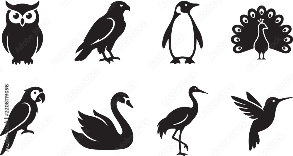Obraz premium Set of black bird icons featuring an owl, eagle, penguin, peacock, parrot, swan, crane, and hummingbird on a clean white background