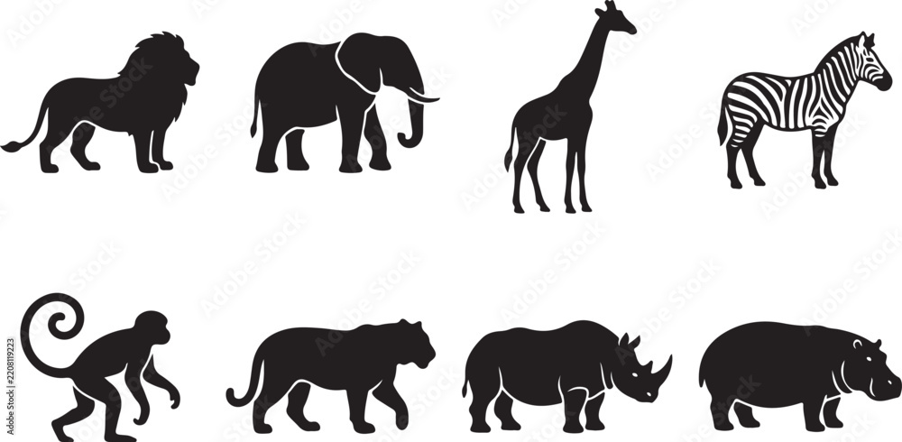Fototapeta premium Set of black wild animal icons featuring a lion, elephant, giraffe, zebra, monkey, tiger, rhinoceros, and hippopotamus on white background