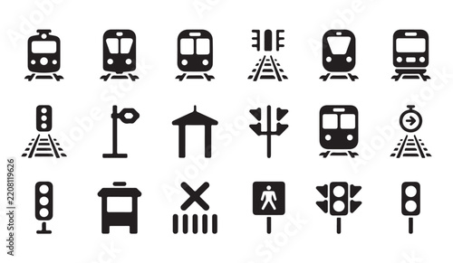 Train station transport icons set featuring black symbols on transparent background for navigation and transit signs.
